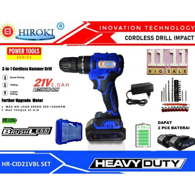 Mesin Bor Cordless Drill Bor Impact tembok besi Brushless 21v Hiroki Termurah