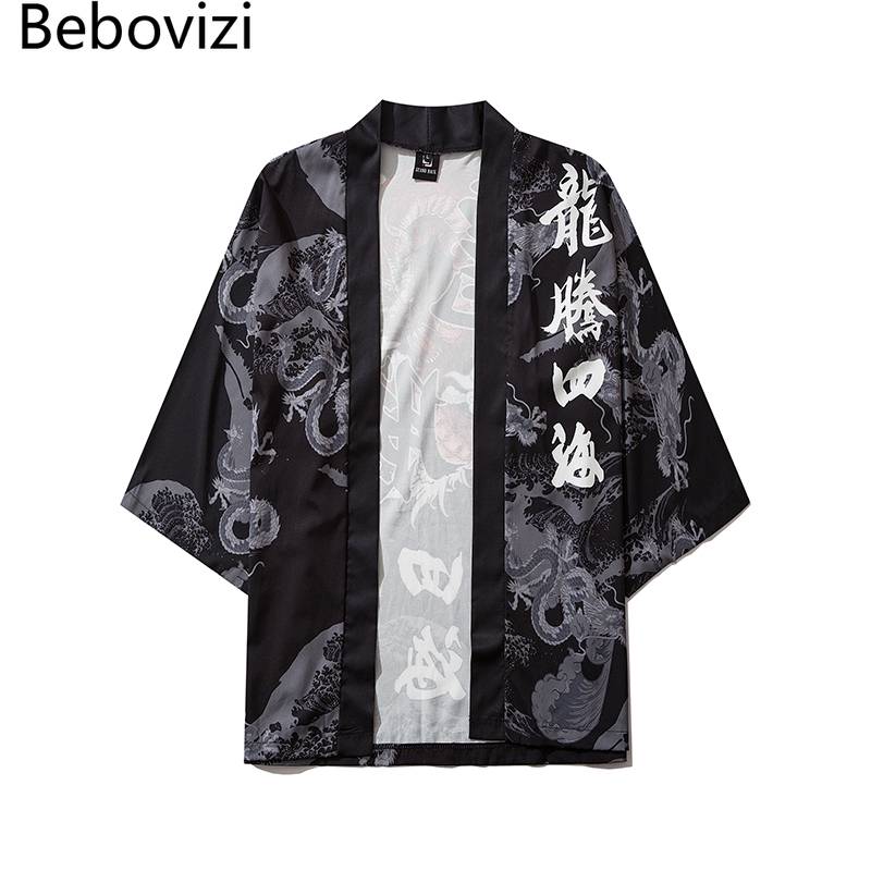 Bebovizi Dragon Print Yukata Cardigan Men Women Fashion Asian Harajuku Japanese Cosplay Kimono