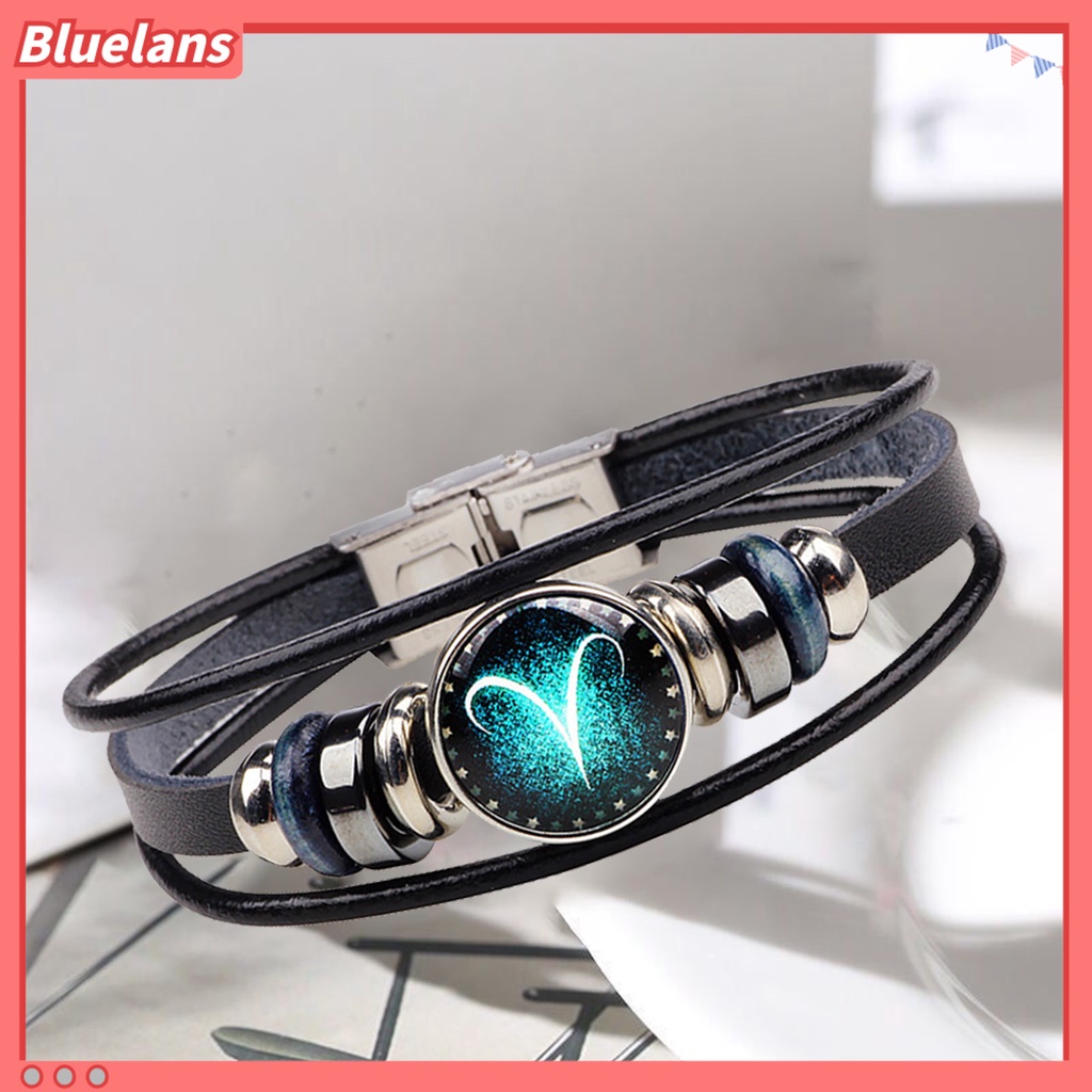 Bluelans Gelang Kulit Multilayer Hias Manik-Manik 12 Rasi Bintang Gaya Retro Untuk Unisex