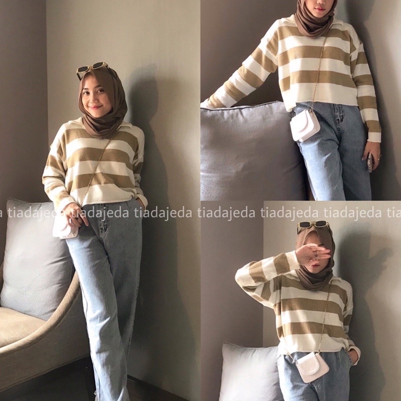 collar Crop salur  Knits Kerah / atasan wanita Blouse Rajut / Baju Rajut wanita