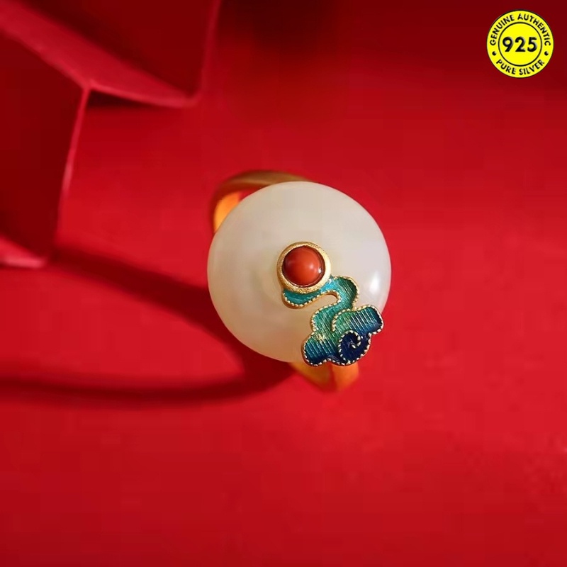 Cincin Enamel Desain Xiangyun Jade Hetian Gaya China Retro Untuk Wanita