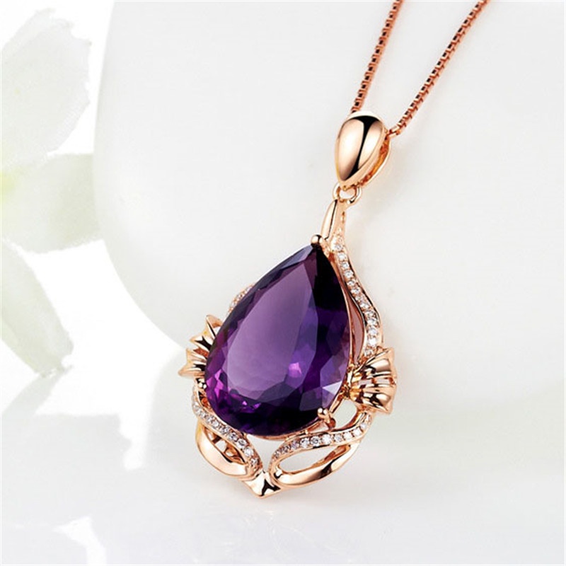 [Ready Stock]Fashion Inlaid Amethyst Hanging Luxury Micro Inlaid 18K Rose Gold Necklace