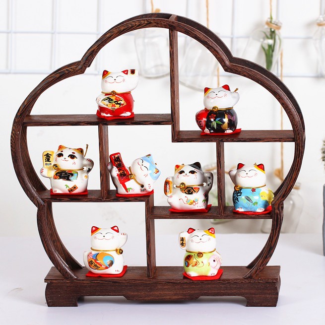 Set Rak Pajangan Kayu + 8 Kucing Maneki Neko Dekorasi Patung Hoki