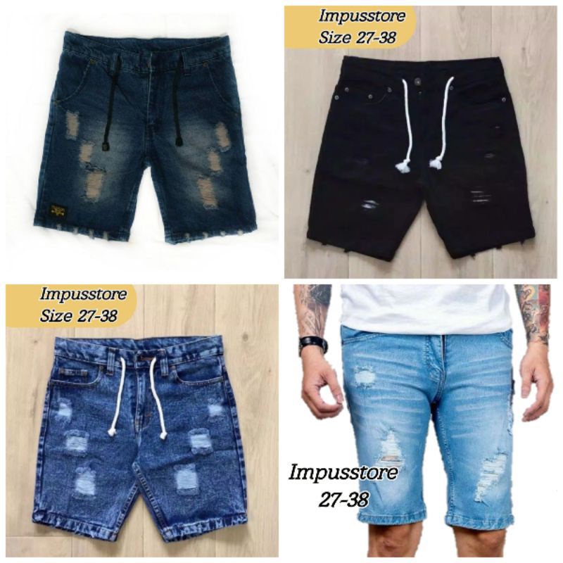 Celana Jean Pendek Pria Rawis Kualitas Distro / Short Denim Sobek Tali Kolor Paling Laris Bayar di tempat