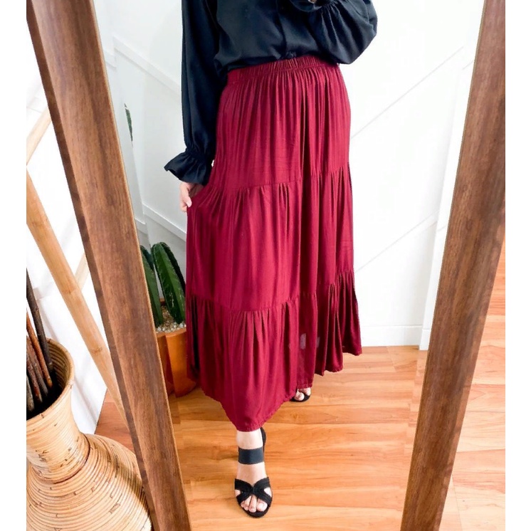 Rok Midi Susun Bahan Rayon Ima skirt 3 Susun Bawahan Wanita Cewek Panjang Terbaru Kekinian
