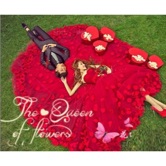 gaun wedding ekor bunga panjang merah bunga