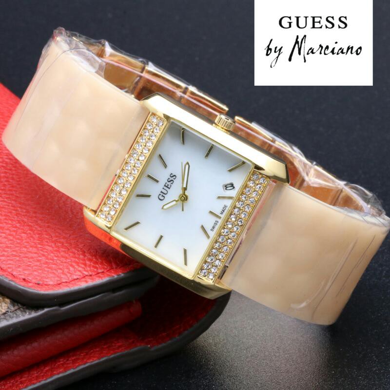 Guess tali keramik krem tanggal aktif jam tangan pria wanita