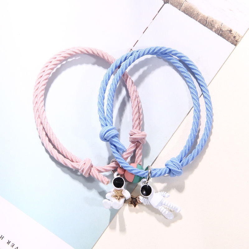 1 Pasang Fashion Astronot Daya Tarik Magnetik Gelang Pasangan Rambut Pacar Pelajar Tali Tangan Dikepang-Won