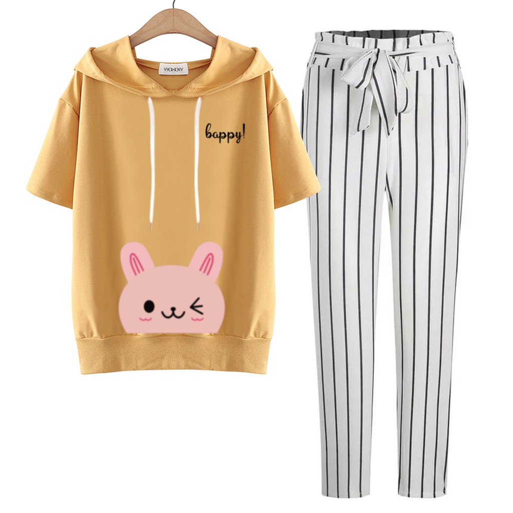 BESS - Baju Setelan Wanita Murah / Setelan Hoodie Crop Lengan Pendek + Celana Salur Putih - HAPPY CAT