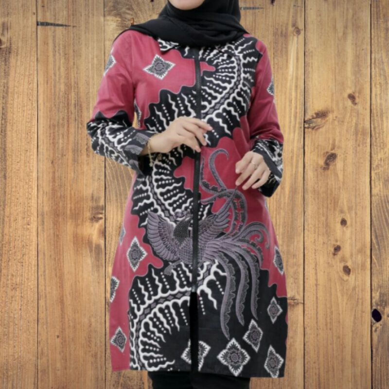 tunik Zipper pola merah Arta batik original fashion wanita modern Andin terbaru baju muslimah DP 14