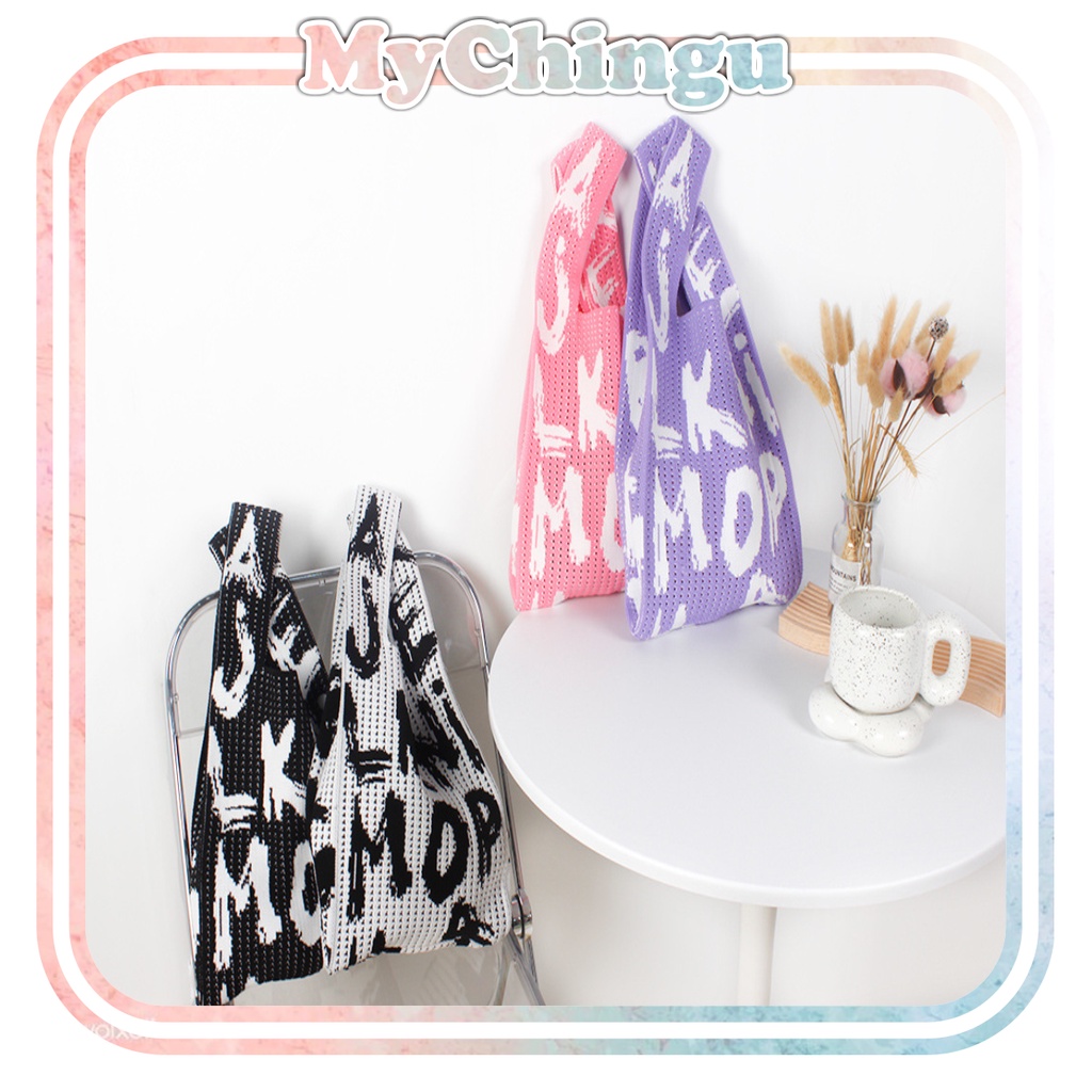 ❀ Chingu ❀ TW012 (ORI IMPORT) Buffollow Vacay Motif Abjad Tas Bene Korean Knitted Checkered Tote Bag Tas Rajut Motif Huruf Totebag Viral Bangkok