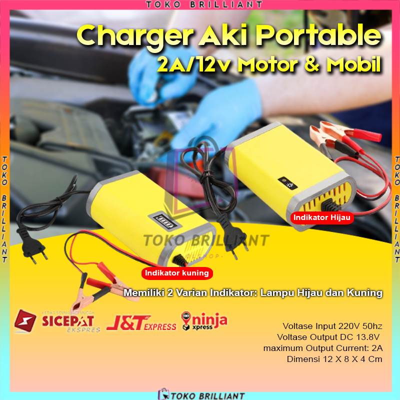 Charger Aki Portable 12V 2A Casan Accu Motor Mobil Sparepart Motor Listrik Colokan Indikator LED