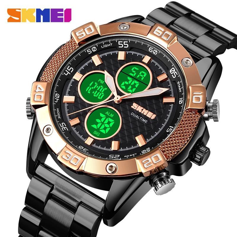 SKMEI 1838 Jam Tangan Pria Digital Analog Dual Time Chronograph Tali Stainless Steel WATCHKITE WKOS