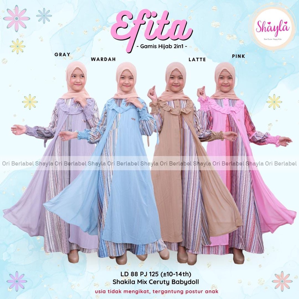 PROMO COD Gamis Panjang Motif Garis Dengan Outer Polos Remaja Perempuan 10-14 Tahun Efita Set Kiddos