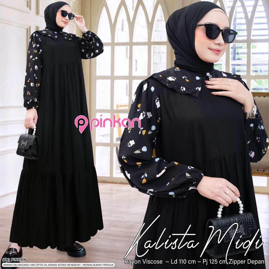 PINKAN Dress Gamis Midi Hitam Series Terbaru Original Label Pinkan