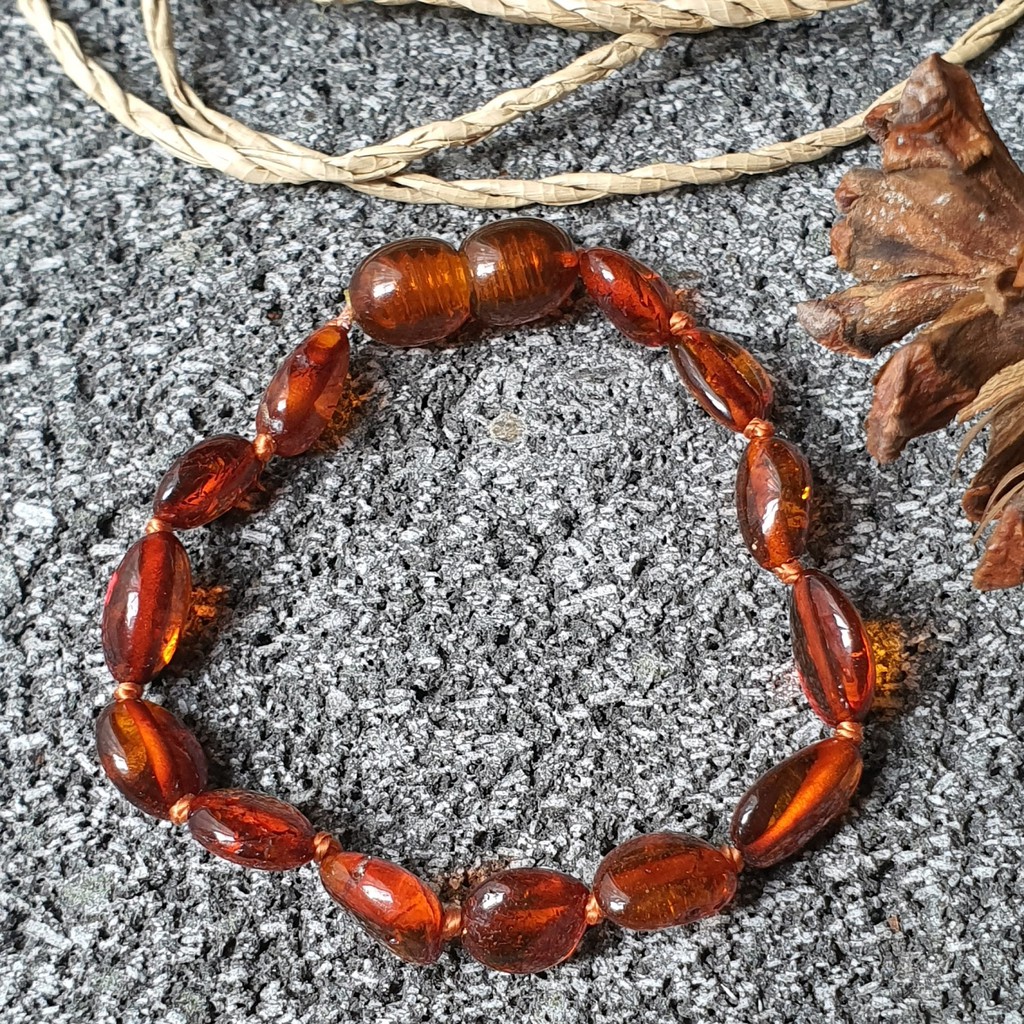 Gelang Amber Baltic Cognac Beans Glossy [New Born - Junior]