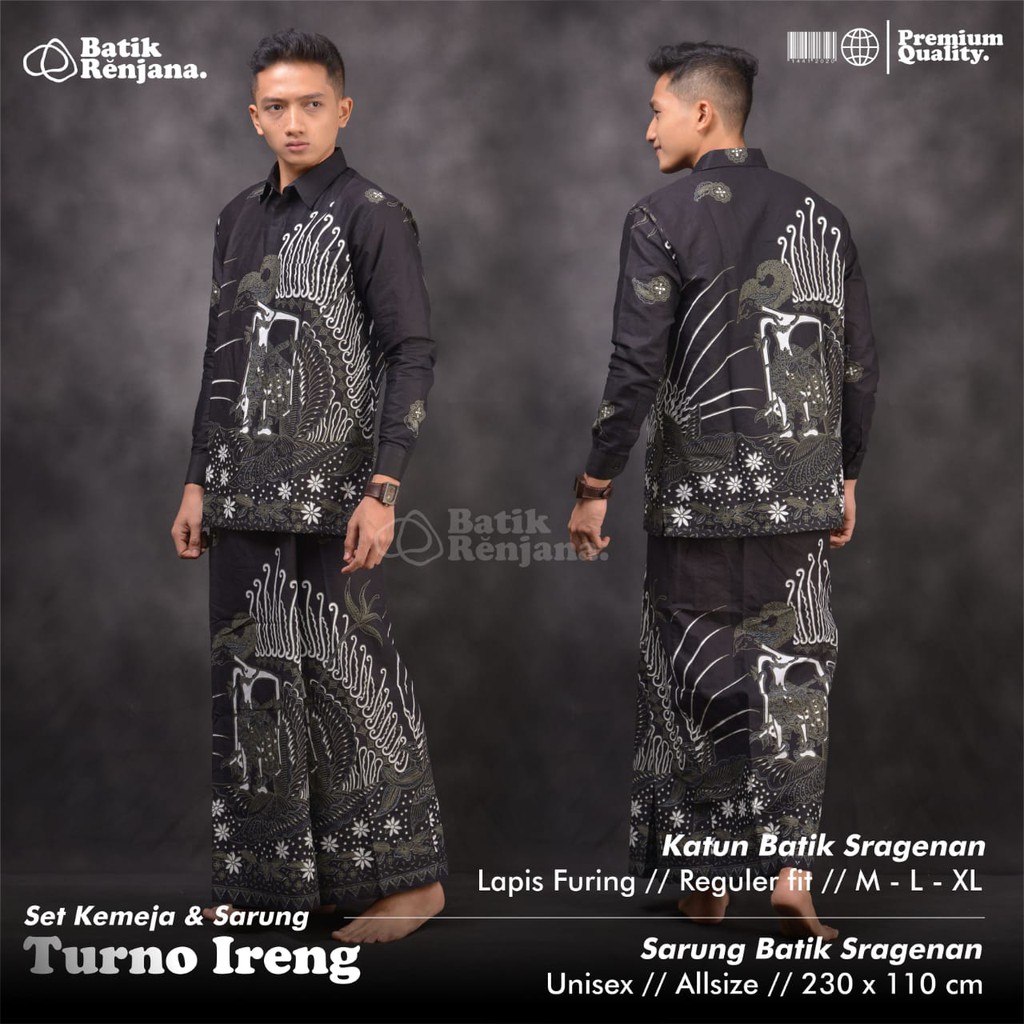 SARKEM TURNO IRENG Kemeja Baju dan Sarung Batik Pria Dewasa Premium Lebaran Asli Solo RENJANA