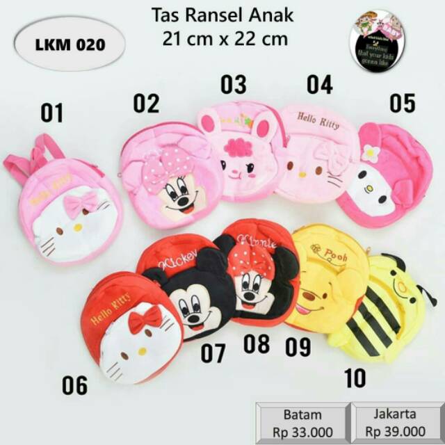 TAS RANSEL KARAKTER ANAK (No. 1 - 20), LKM 020