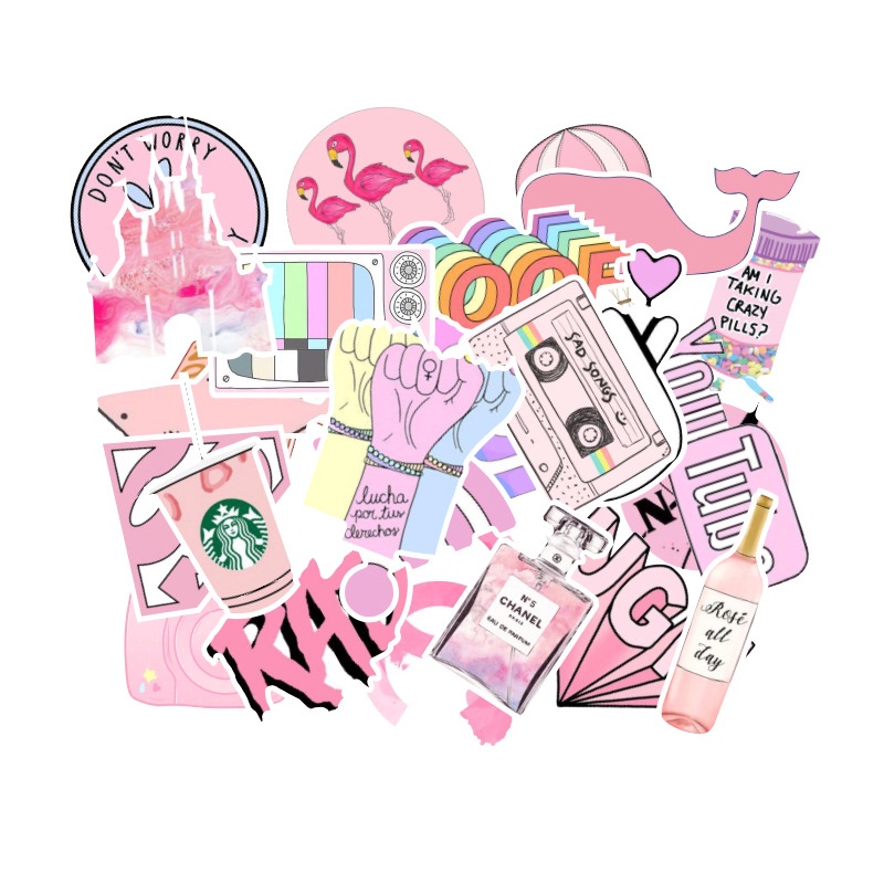 53pcs/set Pink Color Graffiti Waterproof Removable PVC Stickers for Laptop Fridge Luggage Decoration