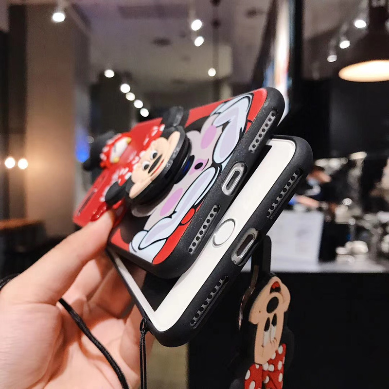 Disney Cartoons Mickey Minnie Soft Case iPhone 11 Pro Max XS XR SE2 i6 7 8 Plus Cartoon bracket lanyard Case