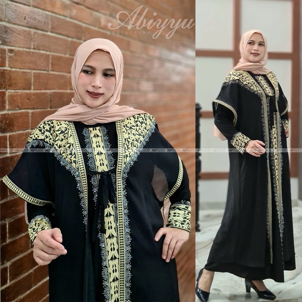 Abiyyuco TA8016|Abaya Turkey Hitam dan Warna /Abaya Jumbo / Ready size S (LD88 cm), M, L, XL, XXL, XXXL, XXXXL (LD 130) . Bahan Jersey mix Ceruty dengan Bordir Renda dan Mote Swarovski. Ready warna hitam, maroon, hijau botol, navy, coklat, dan biru toska