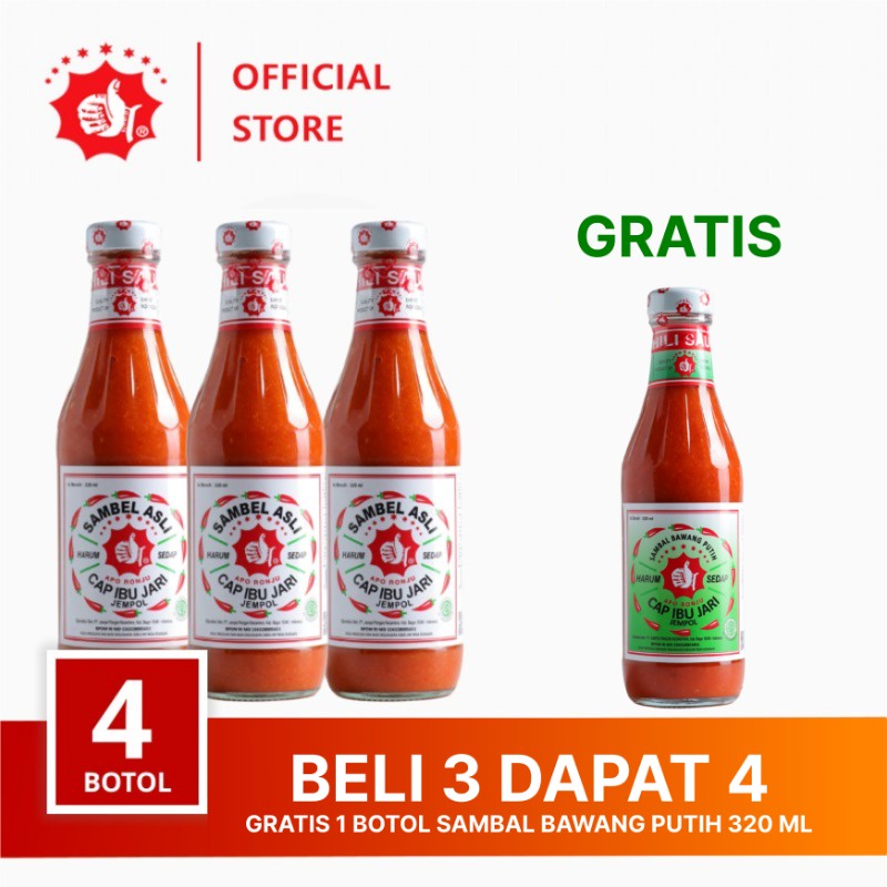 

Sambal Asli Cap Ibu Jari Jempol 320ml Bundling 3 botol + BONUS 1 botol 320ml Sambal Bawang Putih