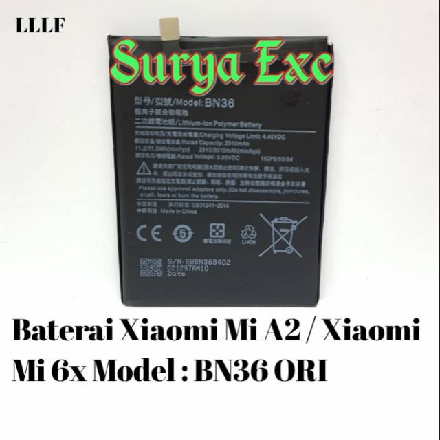 Baterai Xiaomi Mi A2 MiA2 BN36 Xioami Redmi 6X Model BN-36 ORI