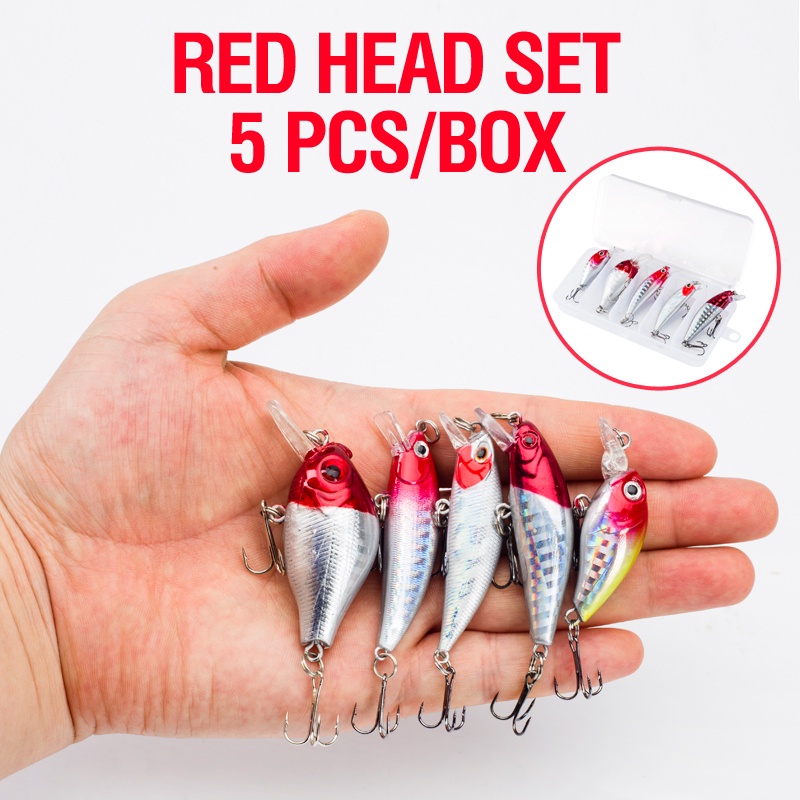 5pcs / Kotak Umpan Pancing Ikan Minnow Kepala Merah Bahan Plastik Keras 4.5 / 5.5 / 5.6 / 5 / 5.8cm 5 Warna