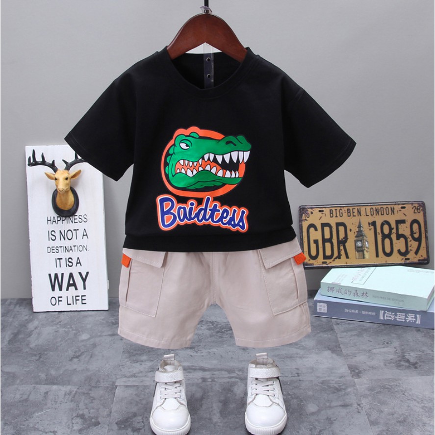 Setelan 0-3 Tahun Baju Bayi Import Pakaian Anak Laki-laki Kaos Rumah Cowok T-Rex Dinosaurus Dino