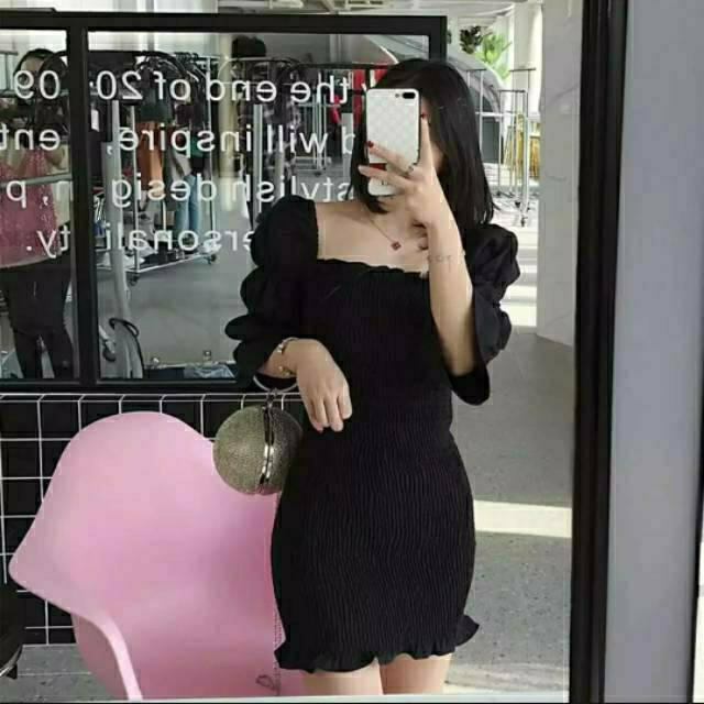 Dress sabrina full kerut tangan 3/4