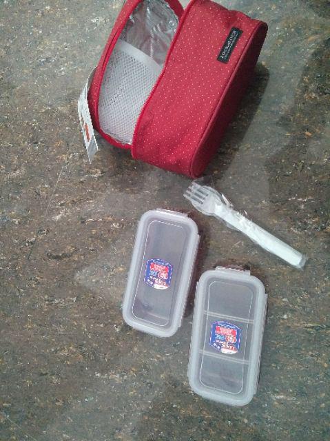 Lunch Box Tempat Bekal Lock N Lock Hpl752dr Lunch Box 2p Set Bag Spoon Fork Set (hpl752dr)