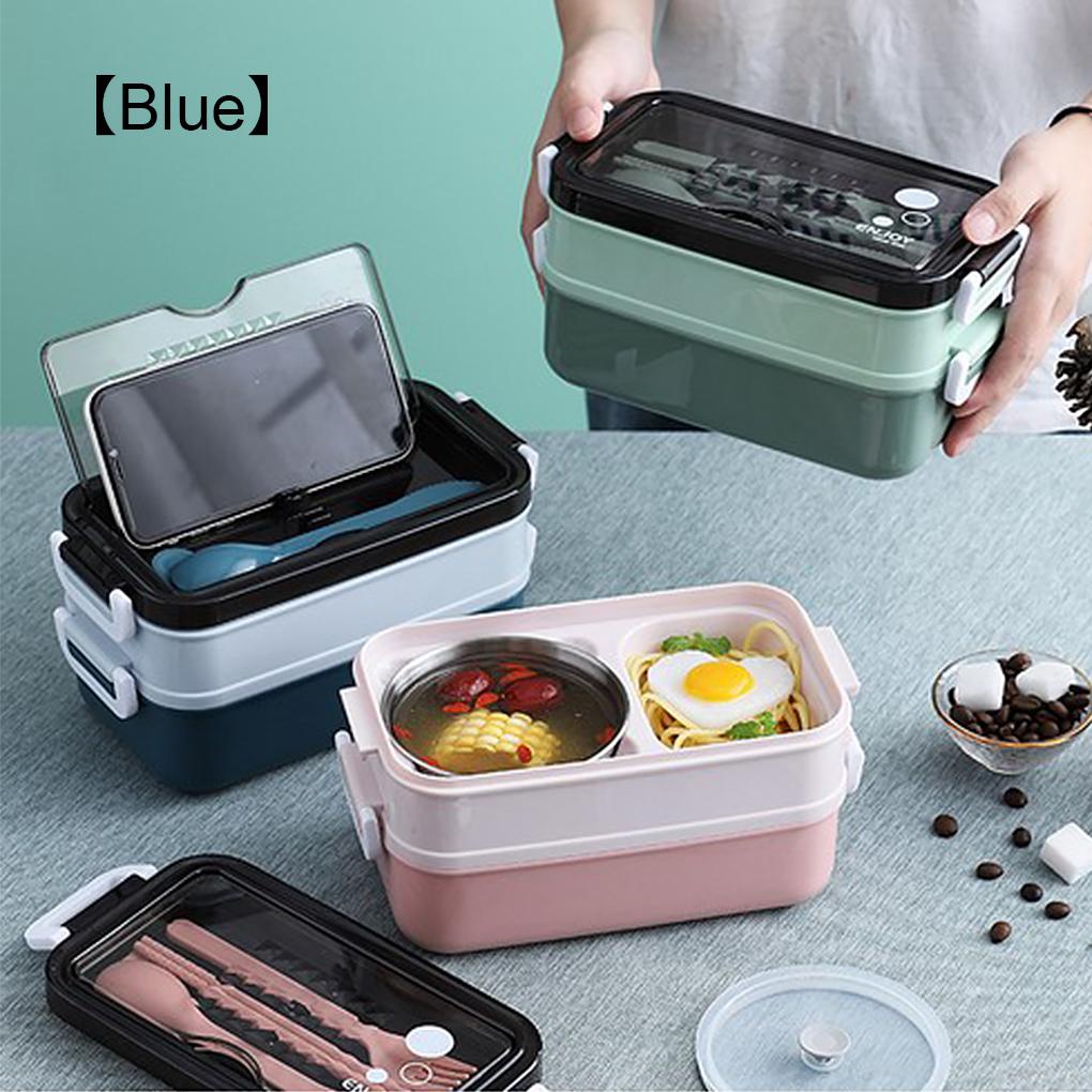 Kotak Makan Double Layer Kapasitas Besar Dengan Tutup Anak Siswa Lunchbox Stainless Steel Wadah Penyimpanan Makanan Sekolah