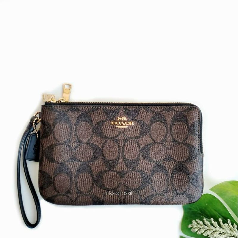 Coach Wristlet Large Double Zip Signature Brown Black Original