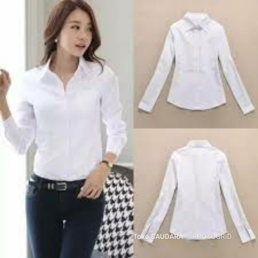 Kemeja formal wanita stretch  panjang putih polos