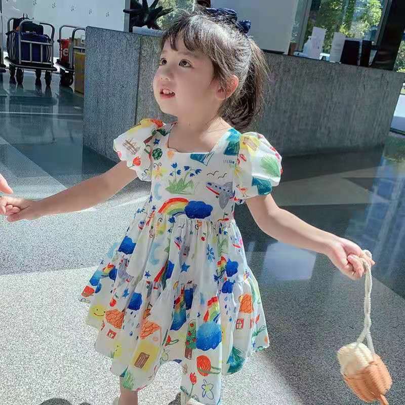 Musim panas baru gadis rok puff lengan gaun putri gaun anak memakai bernapas