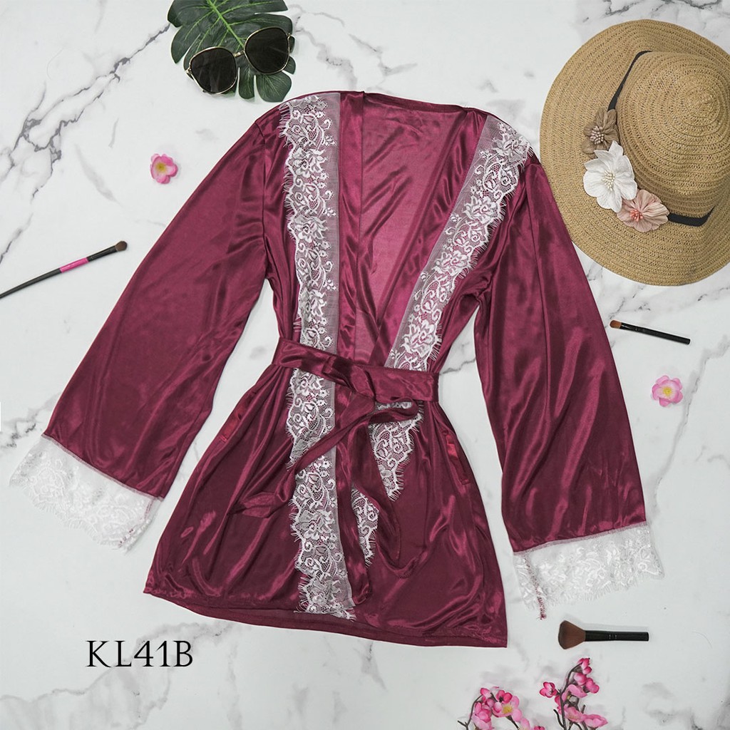 [TOKO TERPERCAYA] BAJU TIDUR WANITA  LINGERIE KIMONO PIYAMA IMPORT SATIN MAROON KL41B