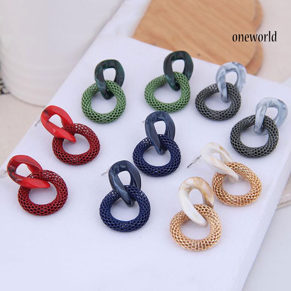 OW@ Women Fashion Acrylic Mesh Linked Circle Pendant Stud Earrings Party Jewelry