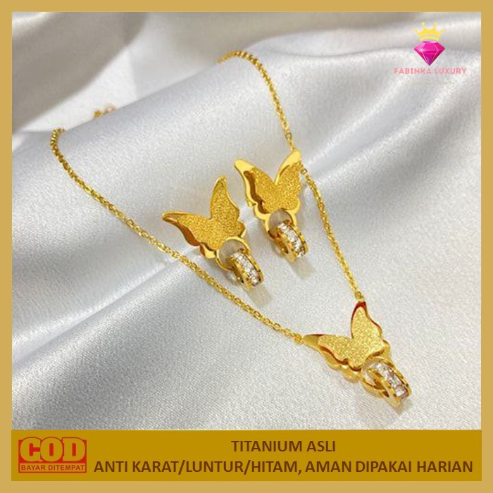 Set Perhiasan Titanium Asli Wanita Kalung Liontin Anting Kupu Butterfly Permata Anti Karat Selamanya
