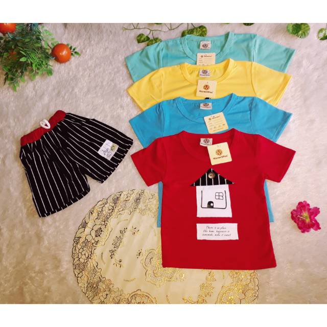 Setelan Anak Bayi Laki Laki Kaos Maxwellpro + Celana Pendek Salur Motif Rumah