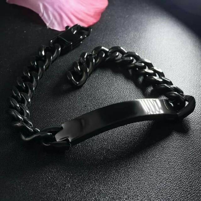 Gelang rantai plat titanium hitam kilap pria wanita