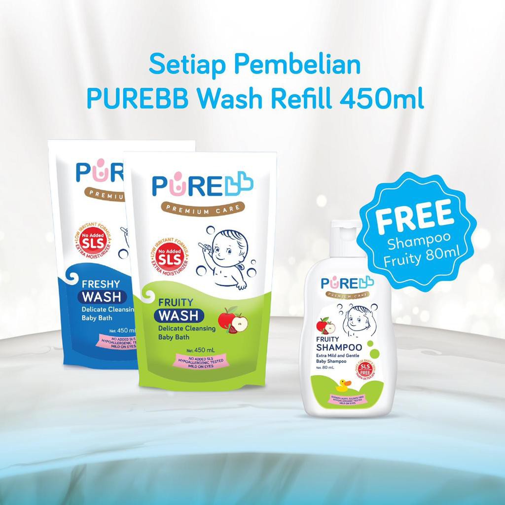 Paket Hemat Pure BB Fruity/Freshy Wash (REFILL) 450ml + Pure Baby Shampoo - 80ml ( Free Random )
