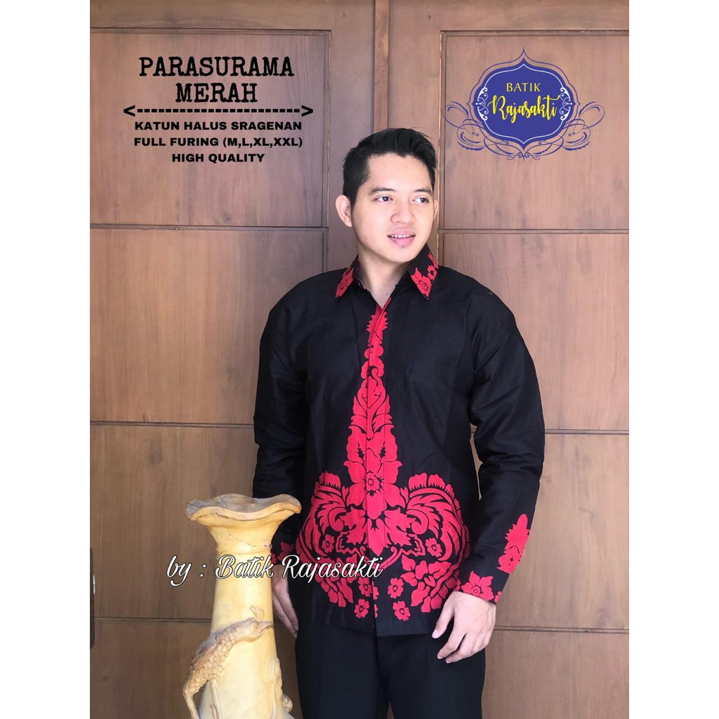 PARASUMA MERAH Kemeja Batik Pria Lengan Panjang Katun Halus FULL FURING Rajasakti