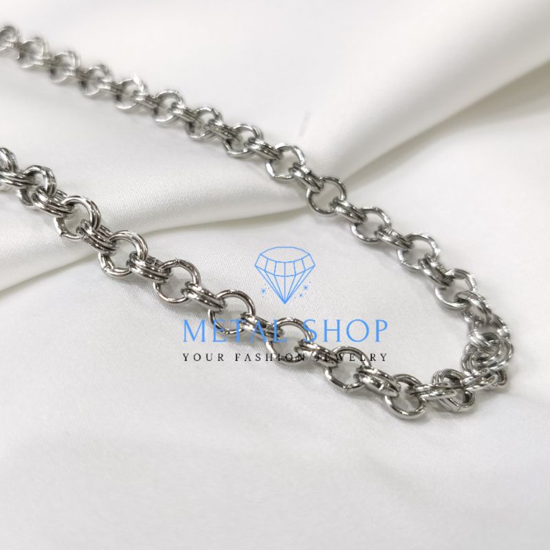 Kalung Titanium Pria Wanita Anti Karat Warna Emas Silver Model Rantai Ring Panjang 45CM