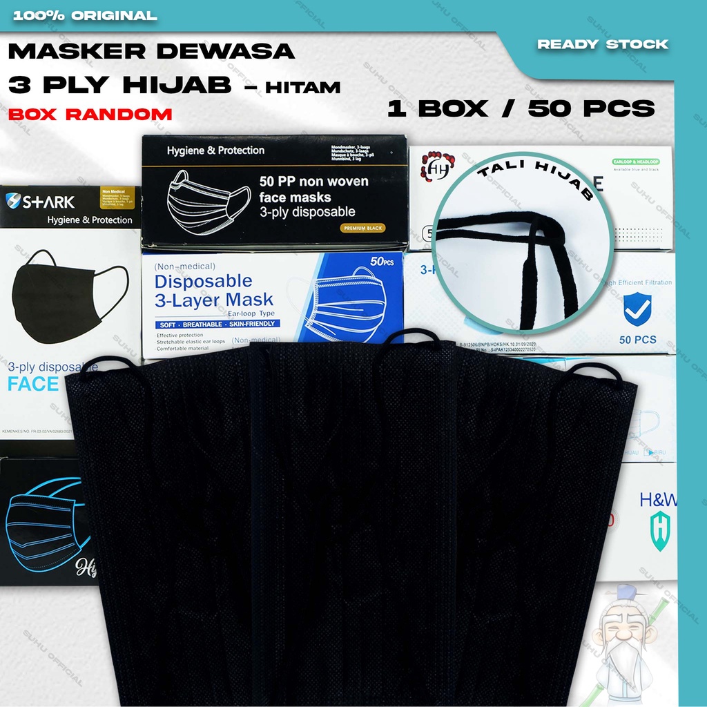 Masker Hijab Medis 3Ply Isi 50Pcs Warna Hitam Black 3 Ply Headloop Surgical Mask Kemenkes