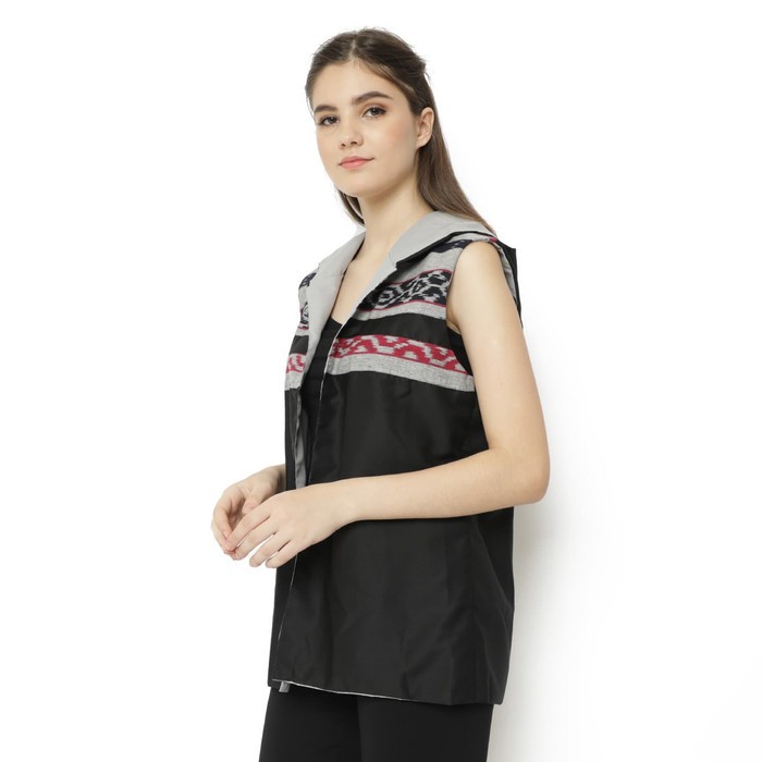 Jaket Batik Hoodie Bolak Balik  Topi Tenun Tanpa Lengan Kutung  Wanita - Hitam GESYAL