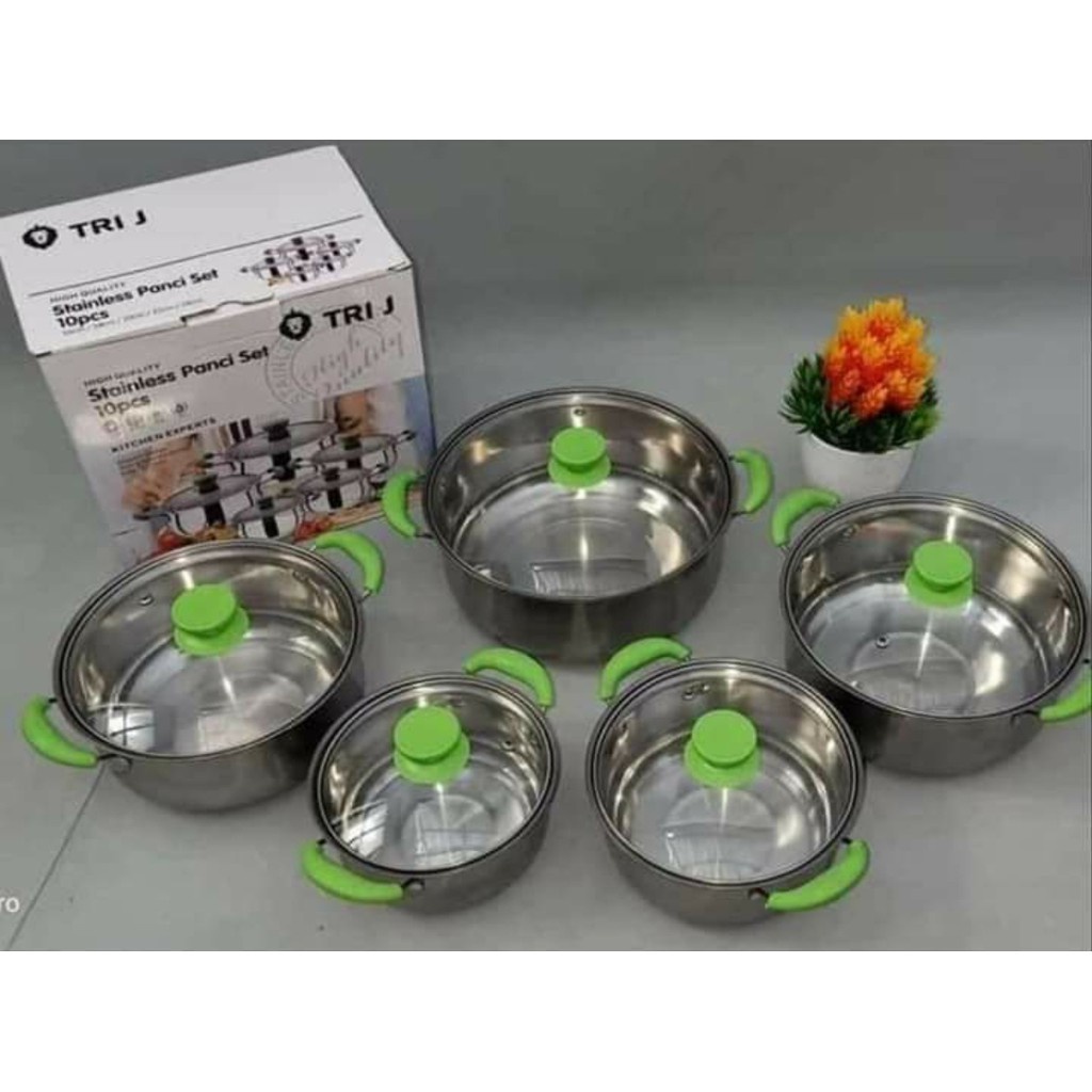 COD Joy Mart Panci Stainless Set Tutup Kaca Cookware Beranak Susun Hijau Biru Isi 5 Pcs Panci  Tri j