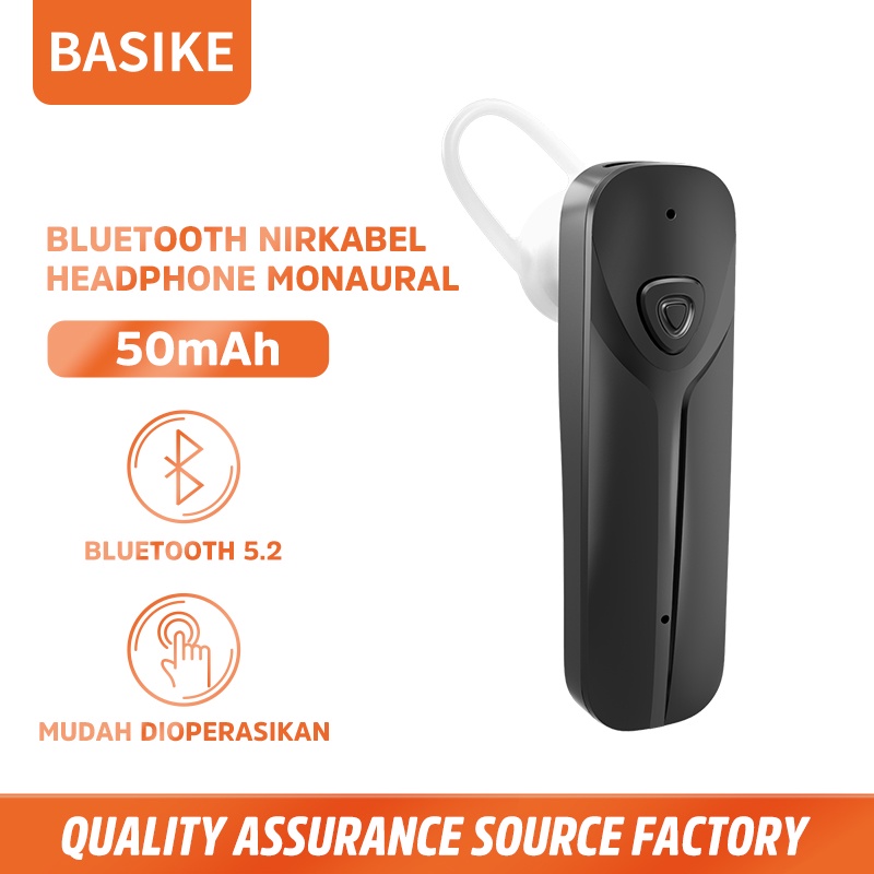 BASIKE Headset Bluetooth 5.2 Business Sport Earphone 8D Bass Butik Headphone with Mic telinga tunggal earphone wireless gaming music Sweat Resistant