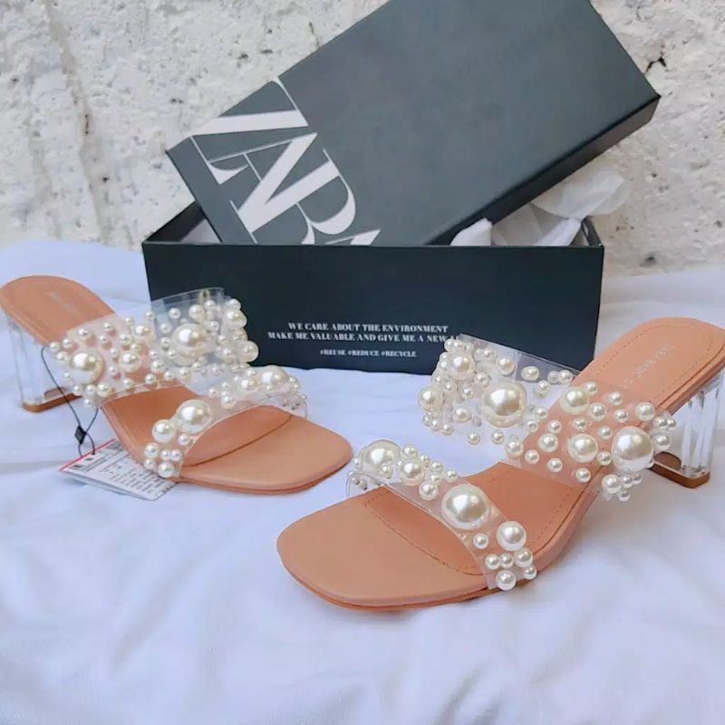 Zara Heeled Double Strap Sandal with Pearl