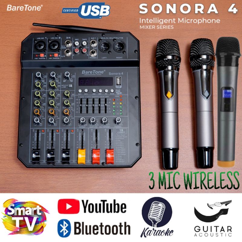 Mixer Audio 3 Mic Wireless Baretone Sonora 4, Mixer 4 Chn Bluetooth Karaoke Smart Tv