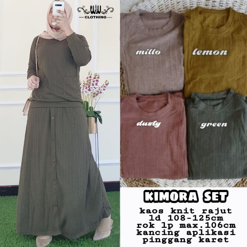 Kimora set setelan kaos knit rajut rok aplikasi kancing